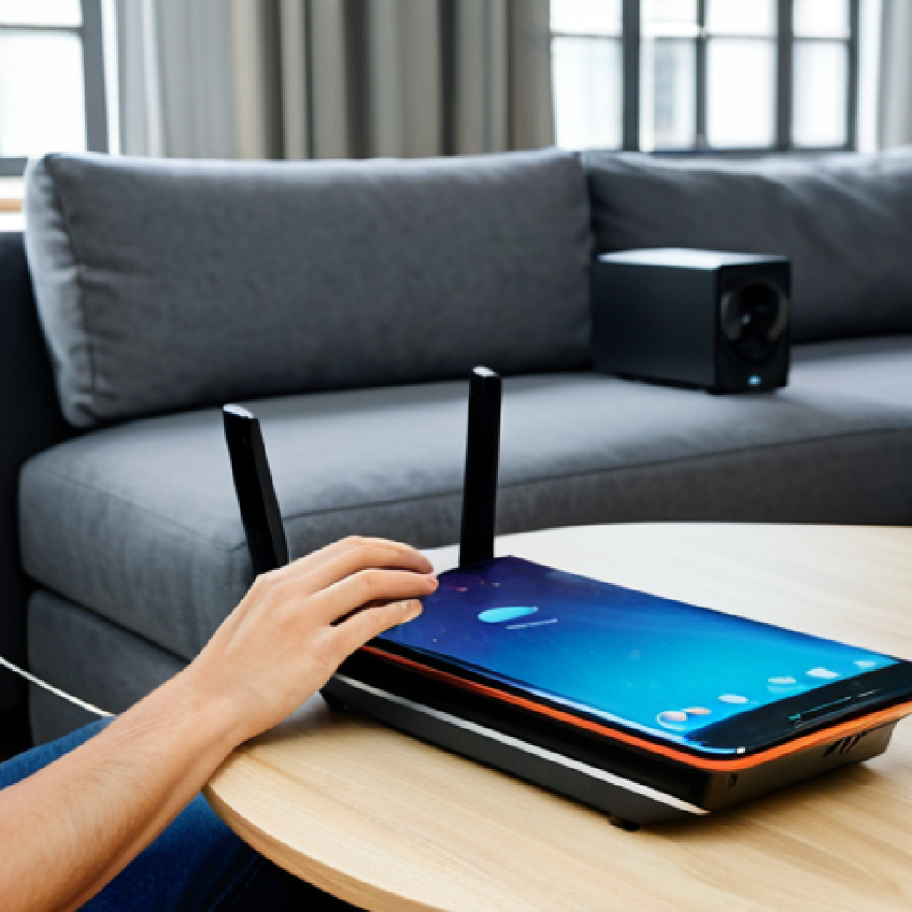 **

A person (gender unspecified) in comfortable, everyday clothing, troubleshooting a Wi-Fi router in a modern living room. Various tech gadgets are scattered around. The atmosphere is bright and a bit frustrated, but determined. Safe for work, appropriate content, fully clothed, professional, modest attire, perfect anatomy, correct proportions, well-formed hands, proper finger count, natural pose, high quality.

**
