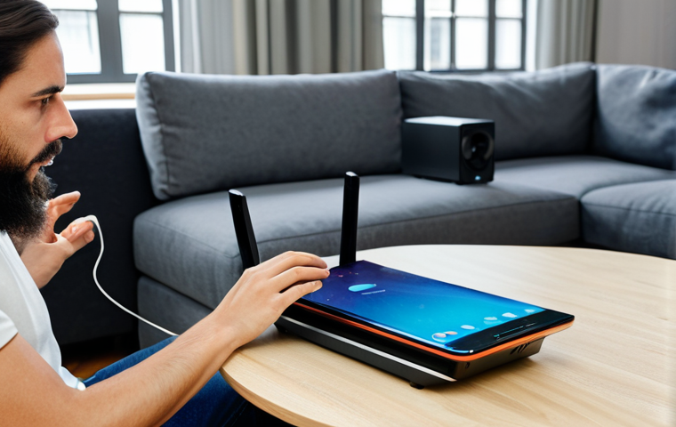 **

A person (gender unspecified) in comfortable, everyday clothing, troubleshooting a Wi-Fi router in a modern living room. Various tech gadgets are scattered around. The atmosphere is bright and a bit frustrated, but determined. Safe for work, appropriate content, fully clothed, professional, modest attire, perfect anatomy, correct proportions, well-formed hands, proper finger count, natural pose, high quality.

**